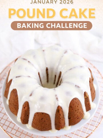 Delicious pound cake topped with white glaze, perfect for baking challenges and dessert lovers.