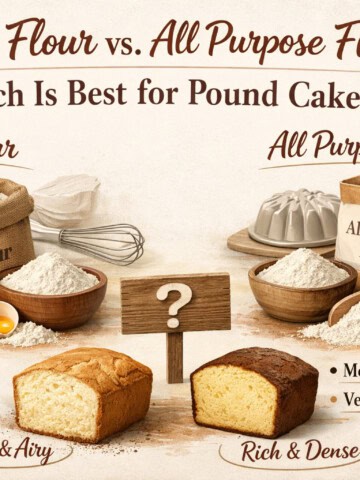 Alt text: Comparison of cake flour and all purpose flour with baking ingredients, showing differences for pound cakes.