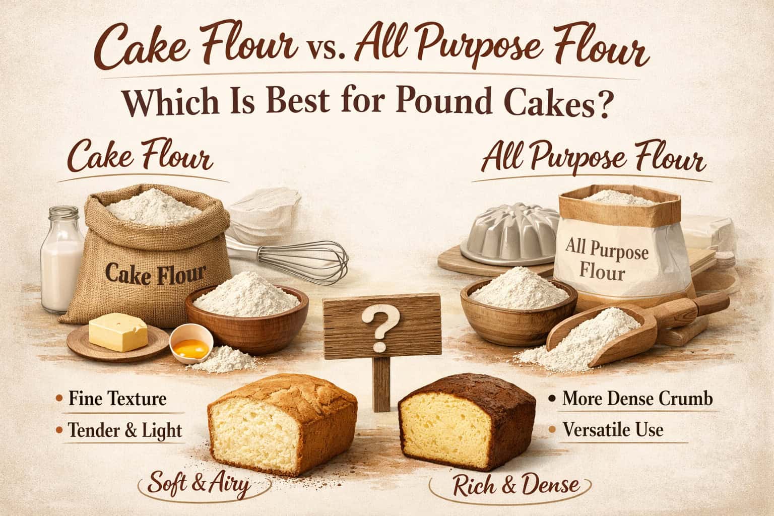 Alt text: Comparison of cake flour and all purpose flour with baking ingredients, showing differences for pound cakes.